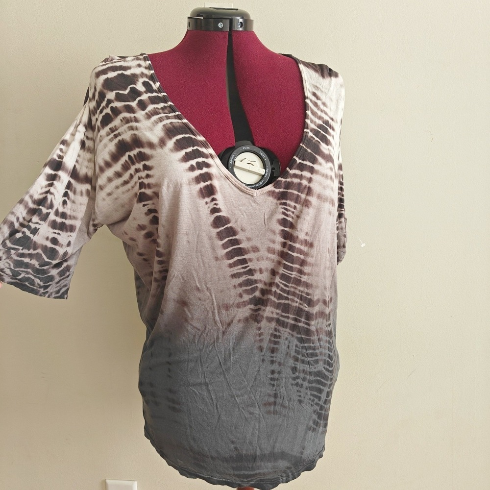 C+B Crash + Burn‎ Womens XS Tie Dye Ombre V-Neck Dolman Tee Brown Grey Y2K Style